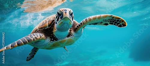 Turtle cruising clean blue sea. AI generated image photo