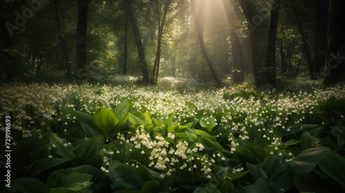 Lily of the Valley blooming in an enchanted forest