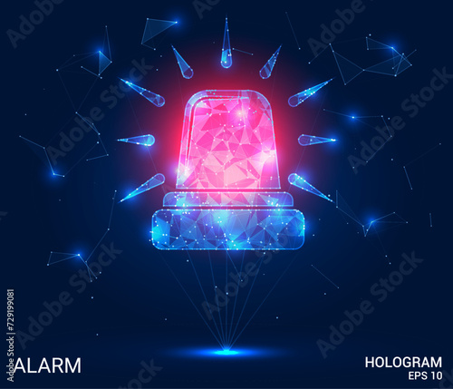 The hologram is an alarm. A flashing light made of polygons, triangles of points and lines. The alarm is a low-poly compound structure. Technology concept vector.