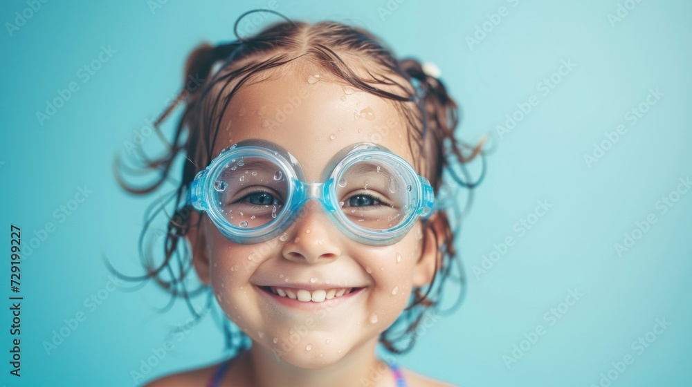 A young girl with wet hair and skin wearing blue goggles smiling brightly with water droplets on her face against a vibrant blue background.