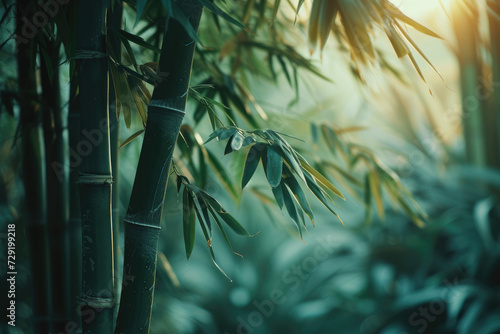 Close up of green bamboo forest background with copy space, spa and zen banner design photo