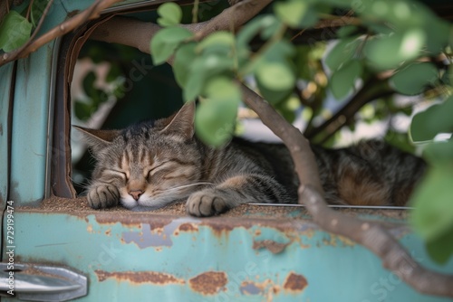 cat sleeping in treefilled old car photo