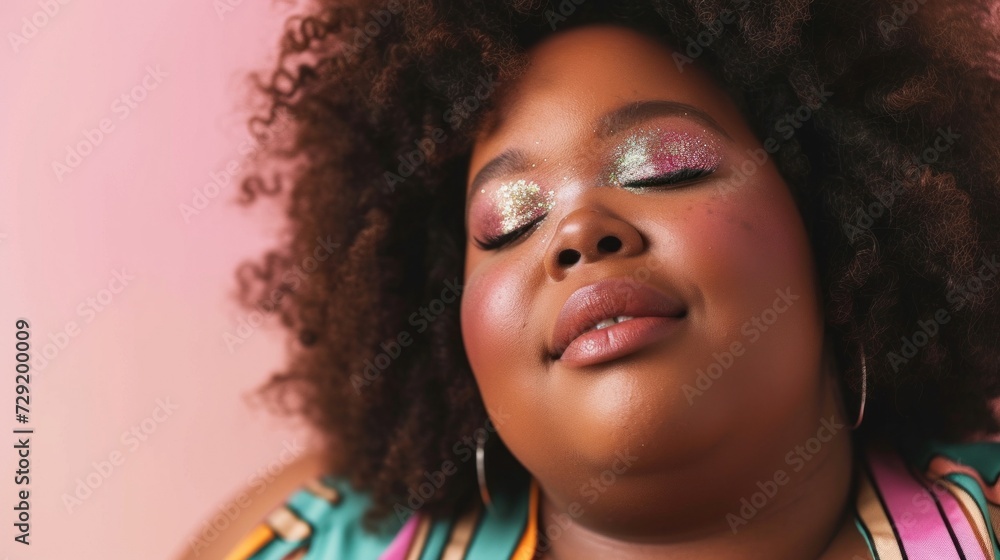 Bold and beautiful, a plus-size woman strikes a pose against a calming pastel background.