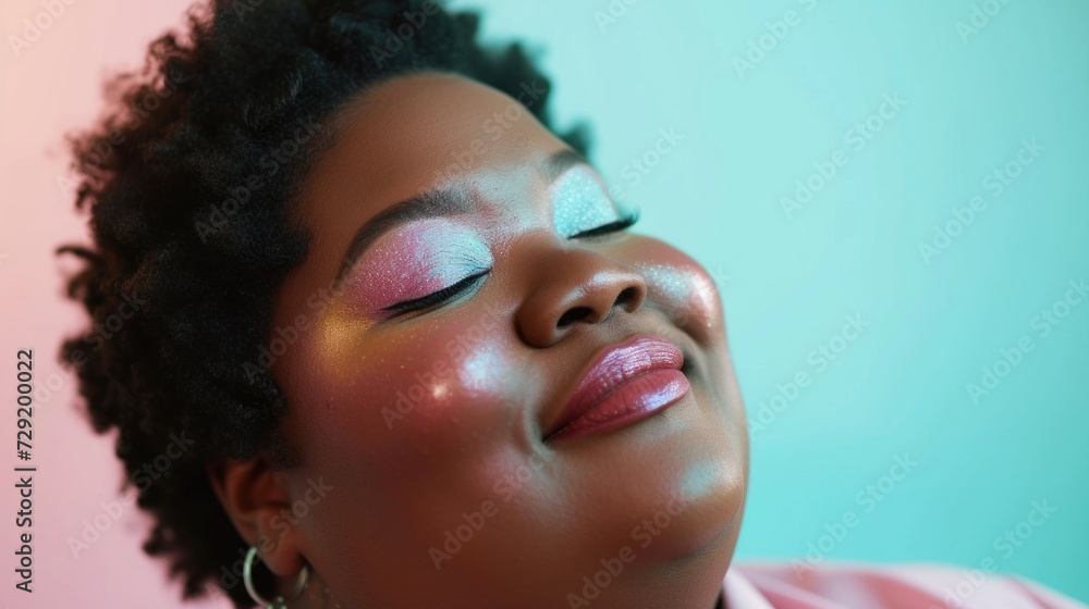 Obraz premium Stylish and confident, a plus-size woman stands out against a serene pastel color palette.