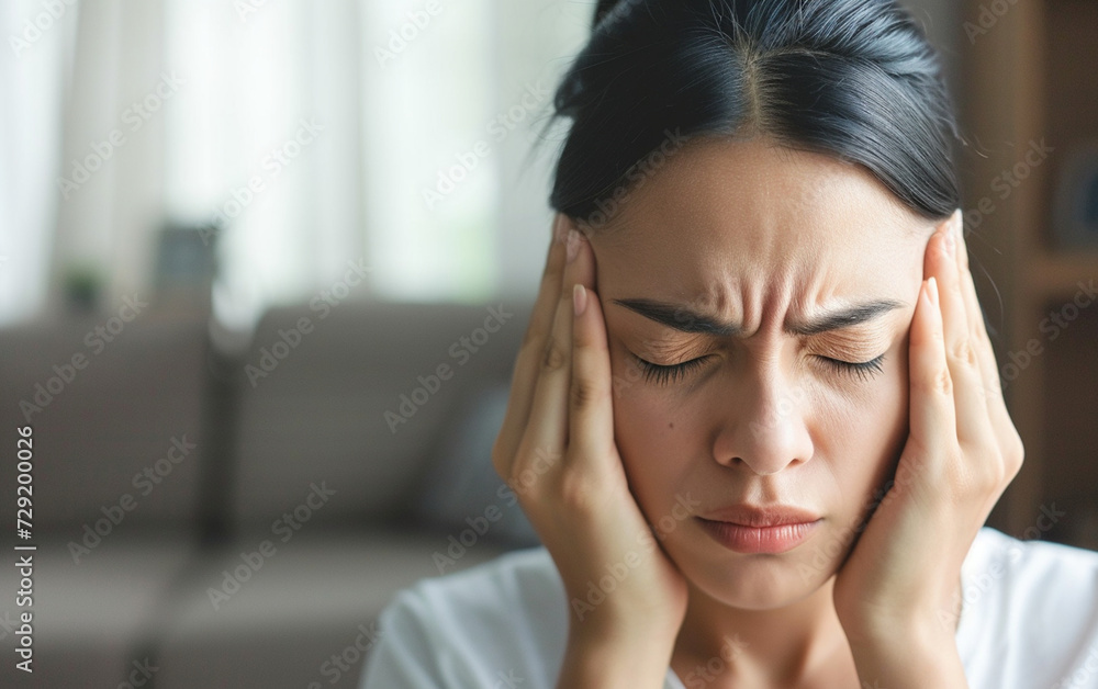 Multiracial Woman Holding Her Hands to Her Temples Multiracial Woman Holding Her Hands to Her Temples