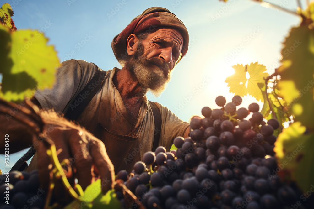 Obraz premium A happy farmer collecting grapes harvesting season.