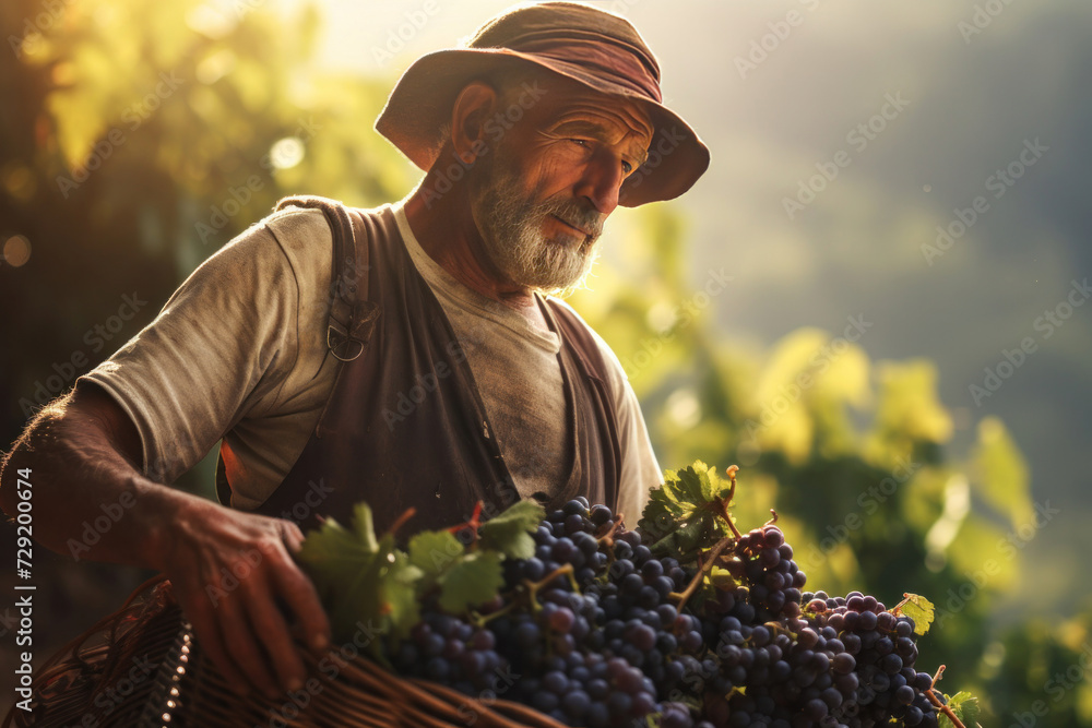 A happy farmer collecting grapes harvesting season.