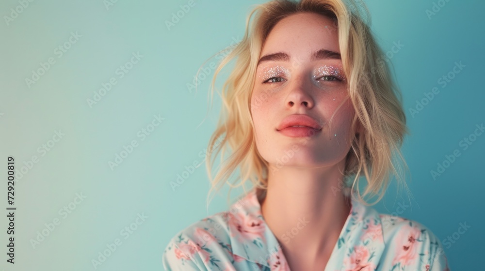 A stunning blonde woman in pastel attire with vibrant makeup. A stunning blonde woman in pastel attire with vibrant makeup.