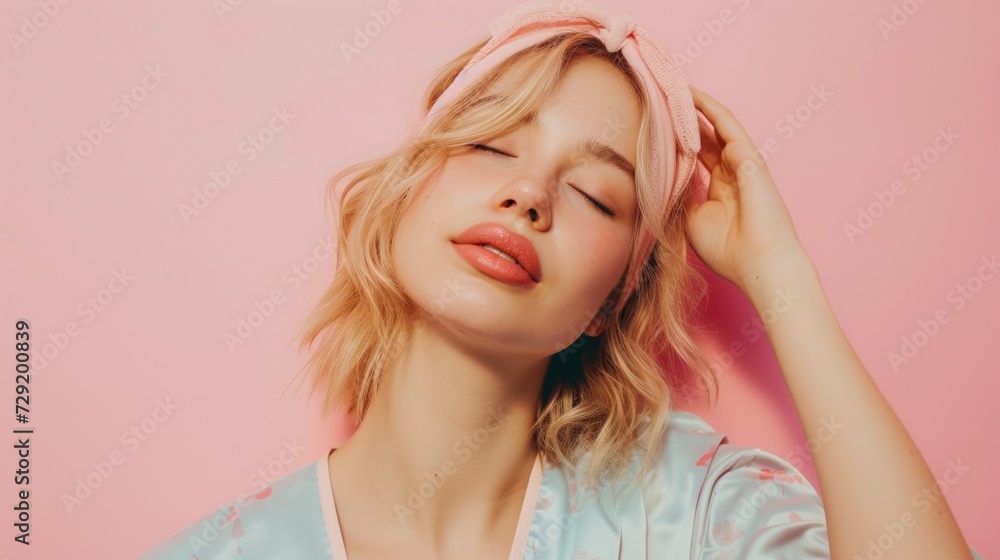 Beautiful blonde woman in a horizontal closeup, adorned in pastels and vibrant makeup. Beautiful blonde woman in a horizontal closeup, adorned in pastels and vibrant makeup.