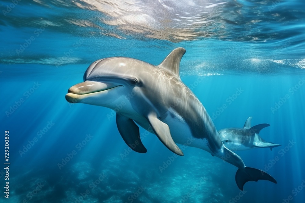 Naklejka premium : A pair of dolphins gracefully swimming in clear ocean waters, their sleek bodies visible beneath the surface.