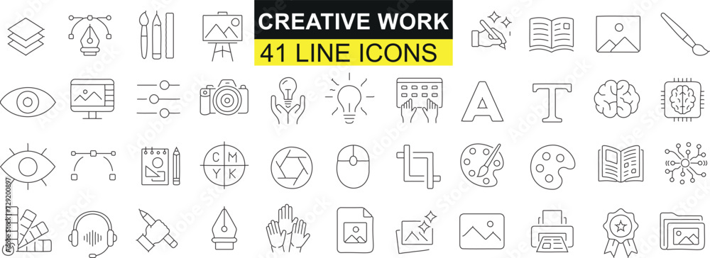 Creative Work, 41 Line Icons, versatile symbols for web design, graphic art, business presentations. Enhancing visual content,  modern design, innovation, technology, brainstorming, strategy, planning