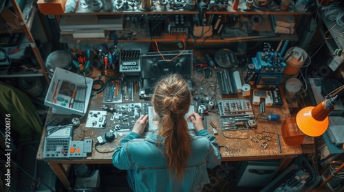 A woman sits at her desk  soldering components of a designer lamp. The desk is scattered with tools  wires  and lamp parts  highlighting the creative chaos of the design process