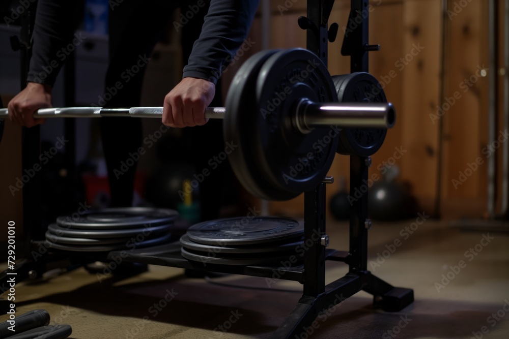 person assembling weight plates on bar in basement gym