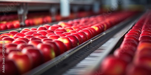 Agricultural industry concept, Row of red apples on a conveyor belt.