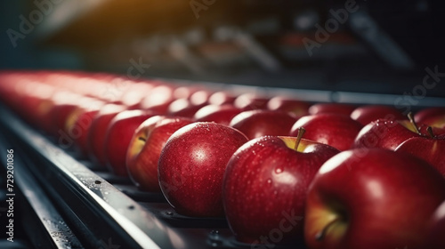 Agricultural industry concept  Row of red apples on a conveyor belt.