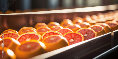 Agricultural, Row of Oranges on a conveyor belt.