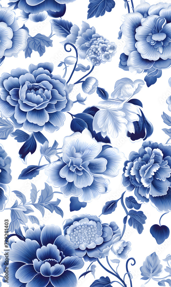Seamless pattern of classic blue and white porcelain.