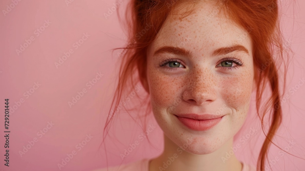 Natural beauty radiates from a red-haired woman's portrait, where she wears understated makeup for a timeless look. Natural beauty radiates from a red-haired woman's portrait, where she wears understated makeup for a timeless look.
