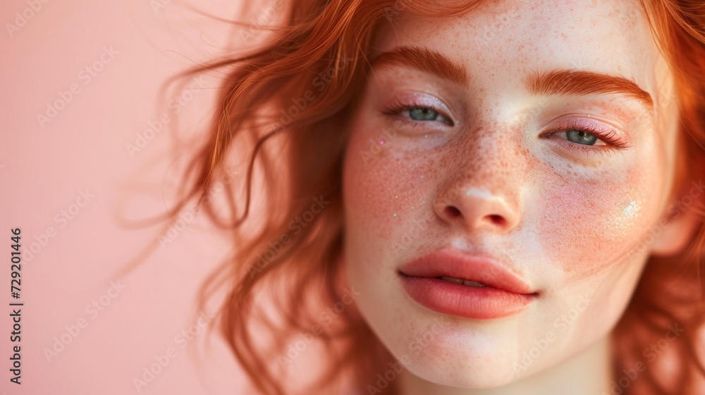A portrait of a woman with red hair showcasing her natural beauty and makeup. A portrait of a woman with red hair showcasing her natural beauty and makeup.