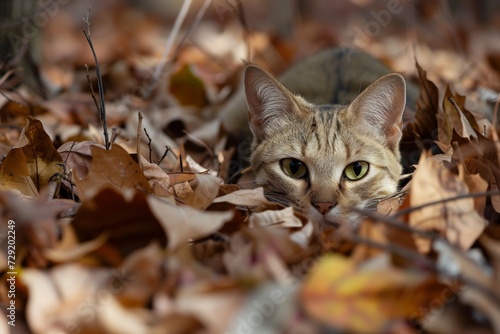 cat camouflaged in leaves awaiting mouse © stickerside