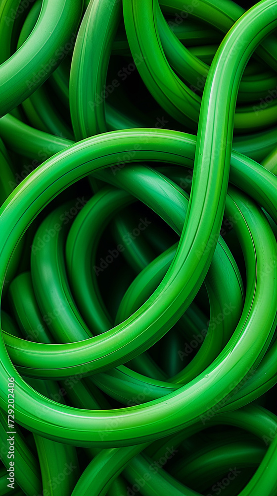 Close-Up View of Twisted Green Garden Hoses in a Coiled Arrangement, background