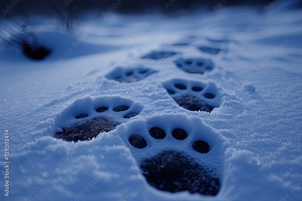medium shot, multiple polar bear paw prints in snow, arctic, realistic, darkness, eerie art. medium shot, multiple polar bear paw prints in snow, arctic, realistic, darkness, eerie art.