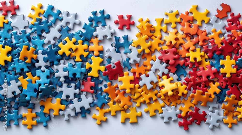 A pile of jigsaw puzzle pieces over the entire frame. A background image of scattered colorful puzzle pieces