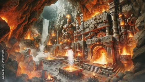 Dwarf cavern fantasy workshop, fiery forge with lava flows, intricate gears, an armored golem statue, and a waterfall, ancient, mystical metalworking. photo