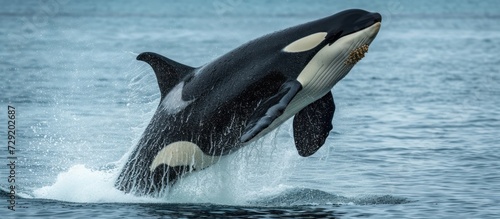 Close up magnificent killer whale jumping over the blue sea. AI generated image © prastiwi