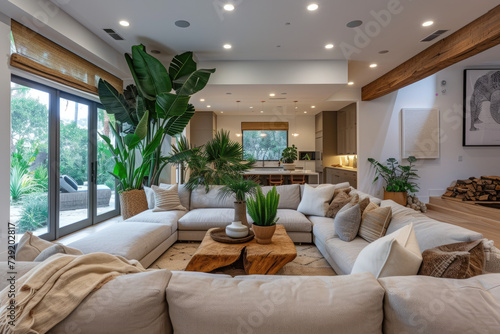 A Beautiful living room interior in new luxury home with open concept floor plan. Shows kitchen, dining room, and wall of windows with amazing exterior, many plants  © Kien