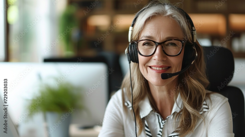 Middle aged mature woman in headphones working from call centre as customer support operator. Middle aged mature woman in headphones working from call centre as customer support operator.