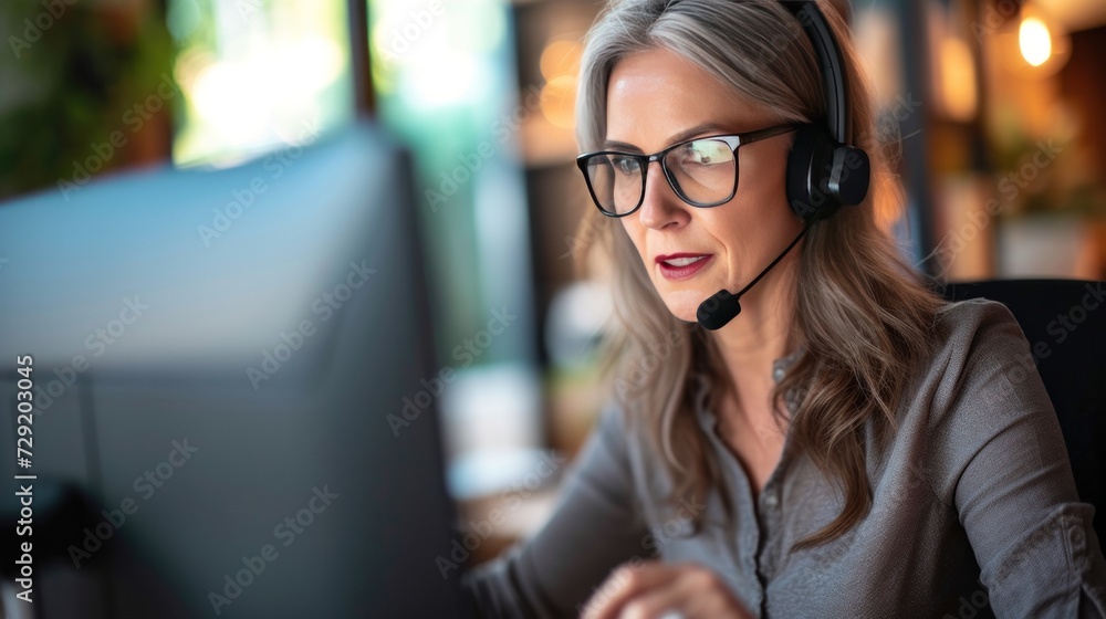 Middle aged mature woman in headphones working from call centre as customer support operator. Middle aged mature woman in headphones working from call centre as customer support operator.