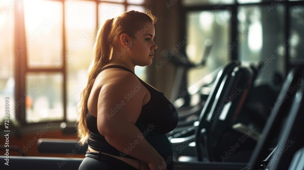 Overweight plus sized woman working out in a gym. Activity for weight loss. Overweight plus sized woman working out in a gym. Activity for weight loss.