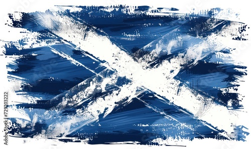 Grunge painted Scotland flag. Template for invitation, poster, flyer, banner, etc. Abstract watercolor splashes flag of Scotland. Saint Andrew day concept.