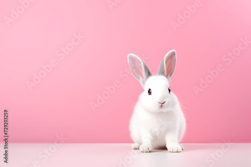 Cute white bunny on soft pink background with copy space. Fluffy rabbit isolated on pink. Funny hare for postcard