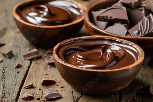 Sweet black melted chocolate in bowls on wooden table