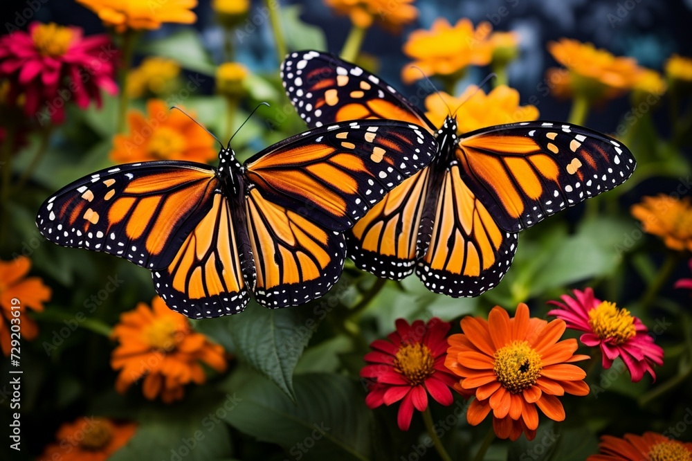 Fototapeta premium : A pair of monarch butterflies resting on a bed of wildflowers, their orange and black wings a vivid contrast to the green surroundings.