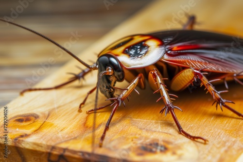 closeup of live cockroach on a wooden chopping board