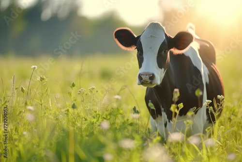Cow in the green meadow in beautiful sunshine