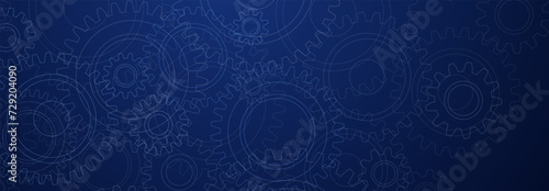 Abstract illustration with a pattern of large and small gears, in white colors on a blue background
