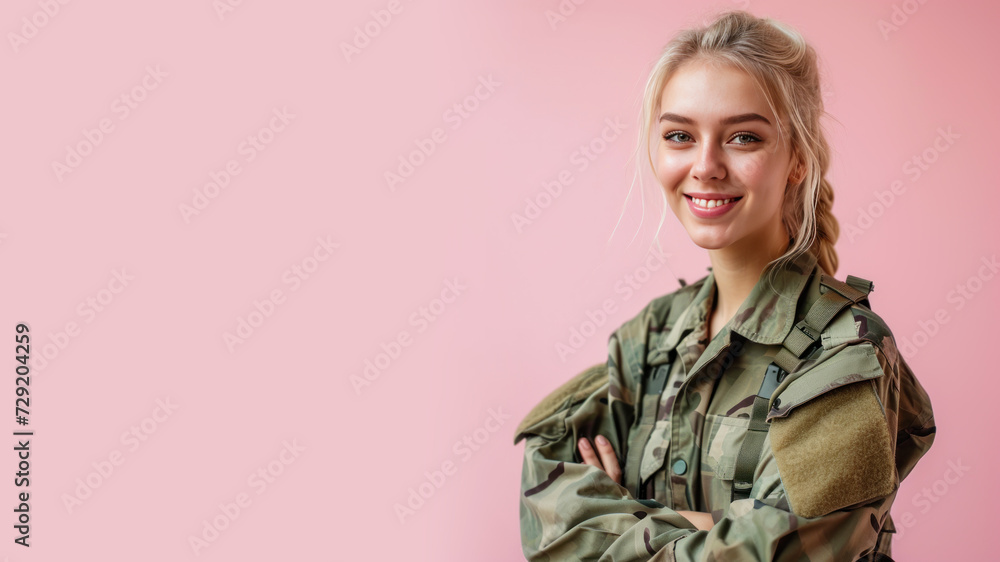 Blonde woman in Paramilitary Forces uniform isolated on pastel background Blonde woman in Paramilitary Forces uniform isolated on pastel background