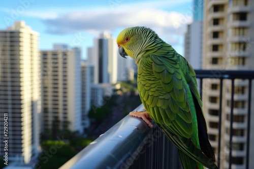 parrot on a balcony railing with highrises in background photo