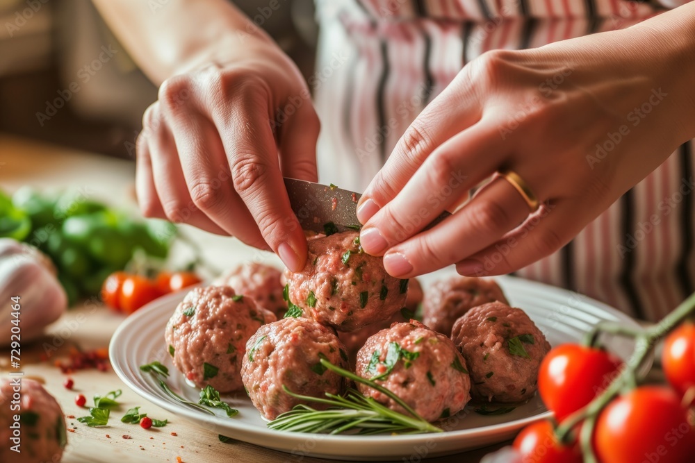 couple shaping homemade meatballs in the kitchen