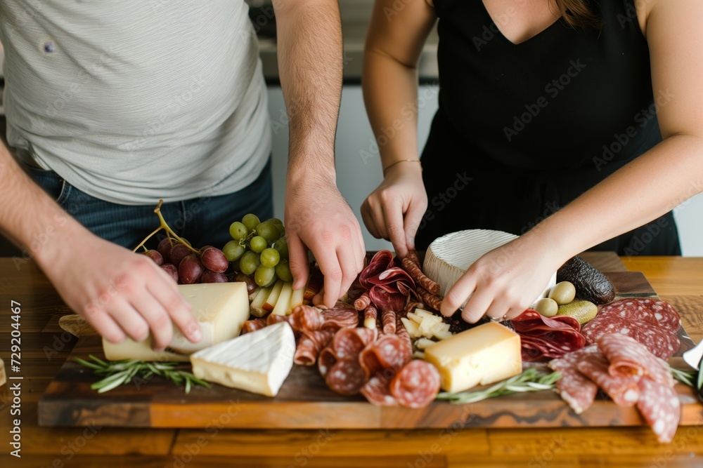 man and woman arranging a cheese and charcuterie board