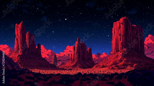 Towering red rock formations standing against a brilliant night sky. Fantasy landscape anime or cartoon style, seamless looping 4k time-lapse virtual video animation background