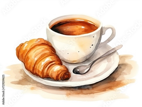 A Cup of Coffee and a Croissant on a Saucer. Watercolor illustration, card.