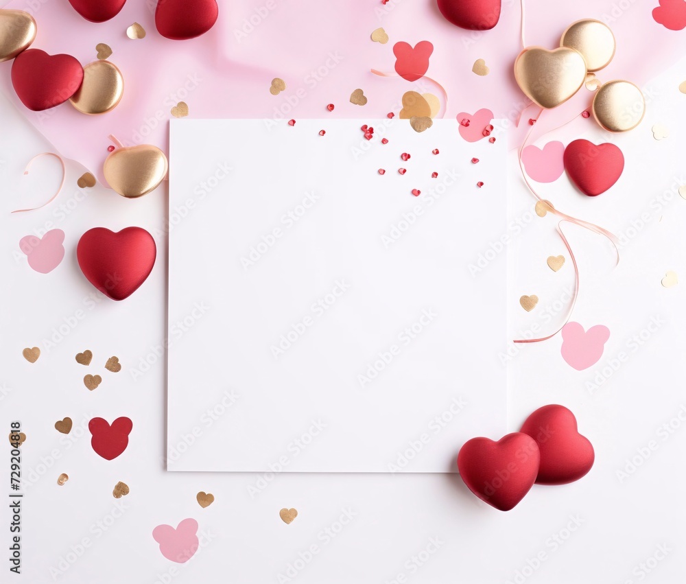 White blank card with space for your own content. Decorations of pink and gold hearts, confetti. Valentine's Day as a day symbol of affection and love.