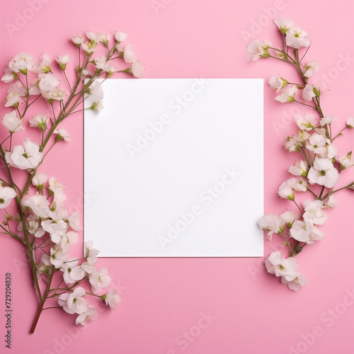 White blank card with space for your own content. Decorations made of white flowers. Valentine's Day as a day symbol of affection and love.