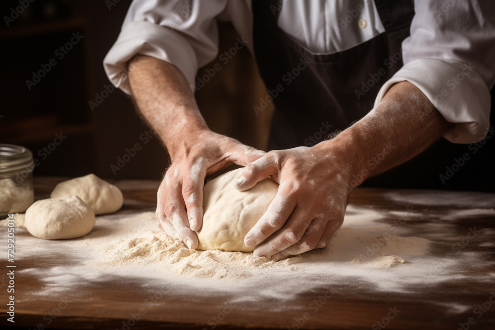 Chef making dough. Strong men's hands knead the dough from which they will then make bread, pasta or pizza