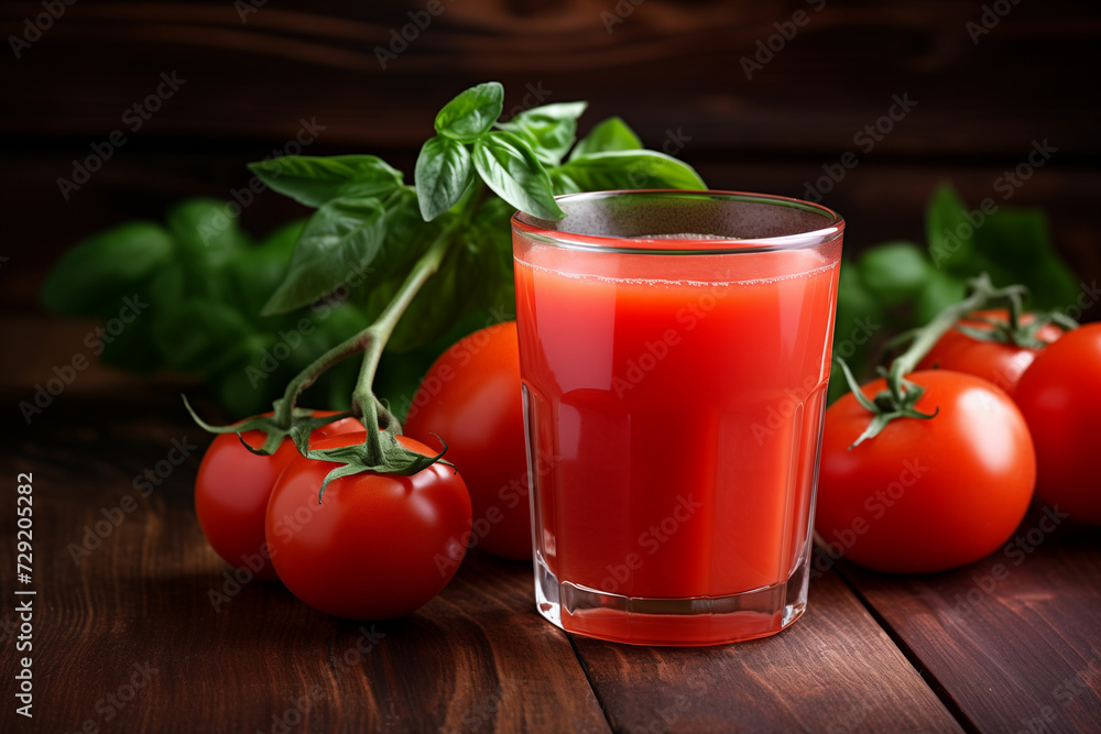 Glass with tomato juice and while tomatoes on wooden table Glass with tomato juice and while tomatoes on wooden table
